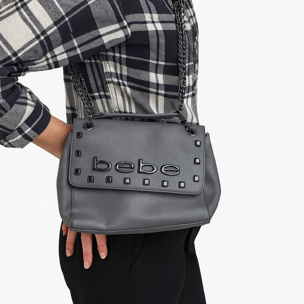 bebe Gray Studded Chain-Handle Crossbody Bag